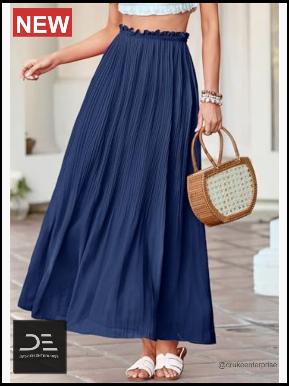 Flowy A-Line Pleated Midi Skirt with Elastic Waist, Solid - Picture 6 of 7